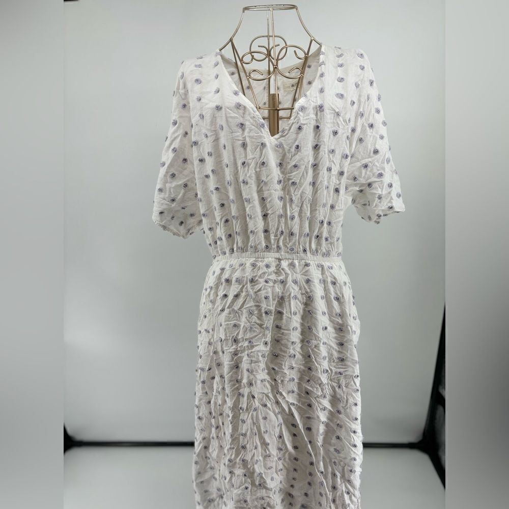 Lou & Grey Polka Dot  Dress V Neck Short Sleeve Size L White